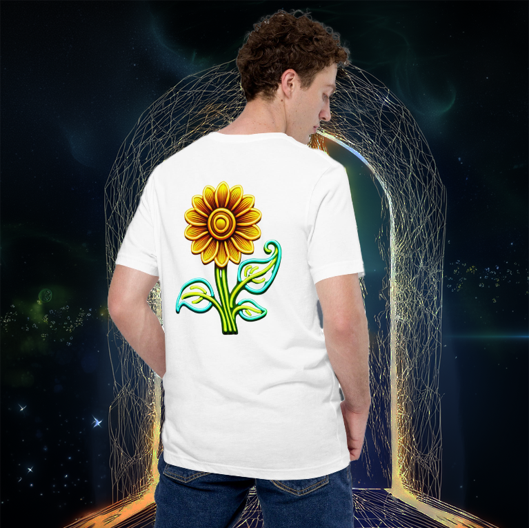 White T-shirt with a glowing sunflower design on the back, worn by a male model standing before a golden mystical gateway. Unique floral streetwear.