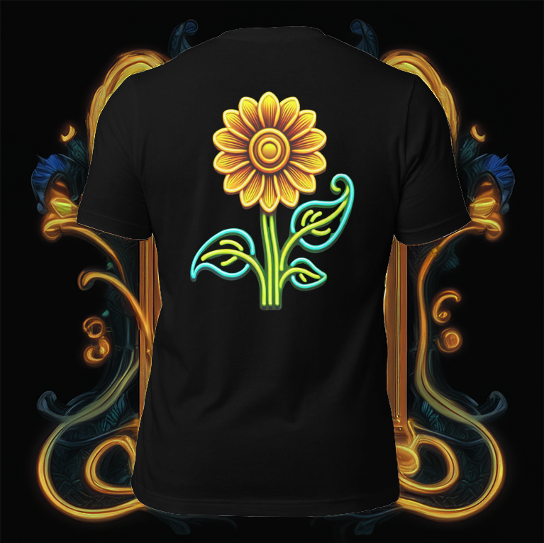 Black T-shirt featuring a glowing neon sunflower design, displayed against an ornate golden floral background. Futuristic botanical fashion aesthetic.