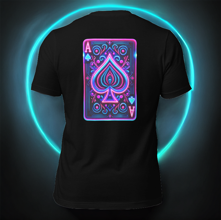A black T-shirt featuring a neon Ace of Spades playing card design, glowing in electric blue, pink, and purple hues. The intricate details and radiant aura of the card illuminate against the dark fabric, creating a bold, high-stakes aesthetic. The background features a futuristic circular blue energy glow, enhancing the mystical and powerful vibe of the design.