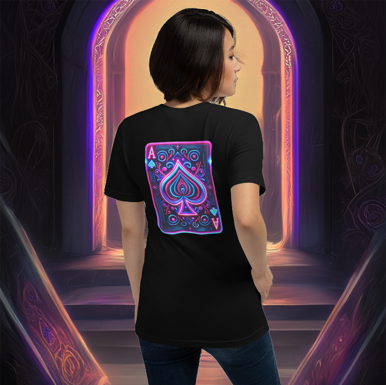 A woman stands before a mystical glowing portal, wearing a black T-shirt featuring a neon Ace of Spades design on the back. The vibrant electric blue, pink, and purple hues of the card illustration radiate against the dark fabric, creating a bold and futuristic aesthetic. Perfect for those who embrace mystery, strategy, and high-stakes adventure in both fashion and life.