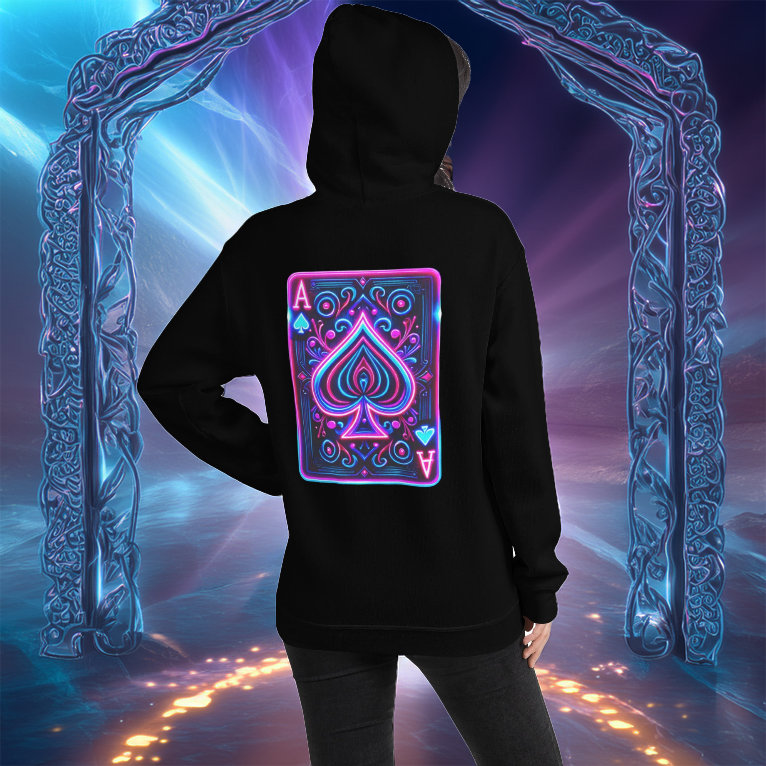 Galactic Ace Hoodie in black with a neon Ace of Spades playing card design. A bold, cyber-inspired hoodie for gamers, risk-takers, and style rebels. Futuristic fashion statement with glowing aesthetic.