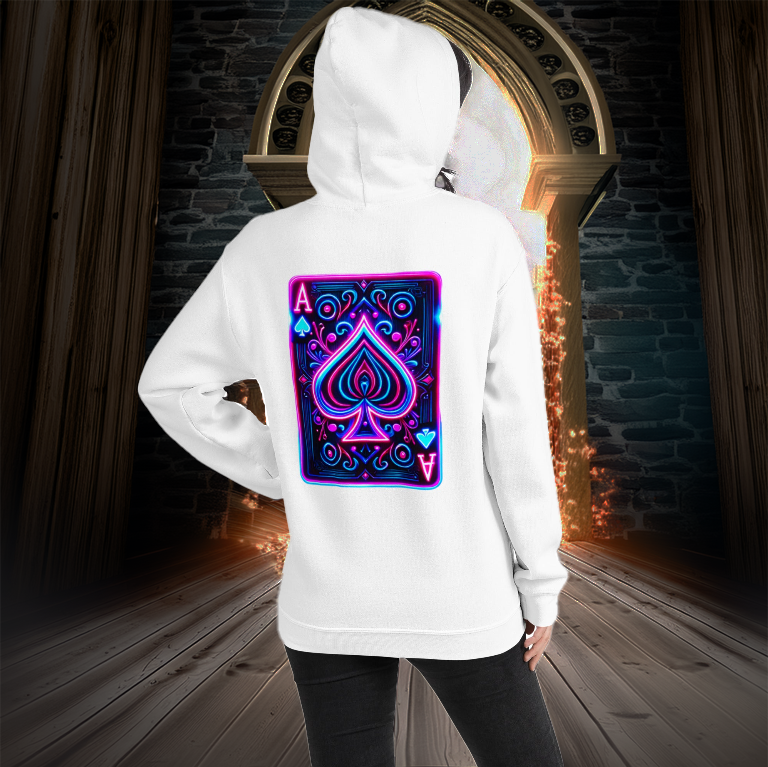 Galactic Ace Hoodie in white featuring a neon Ace of Spades playing card design. A bold, futuristic hoodie for gamers, risk-takers, and cyber-style lovers. Stand out with radiant energy.