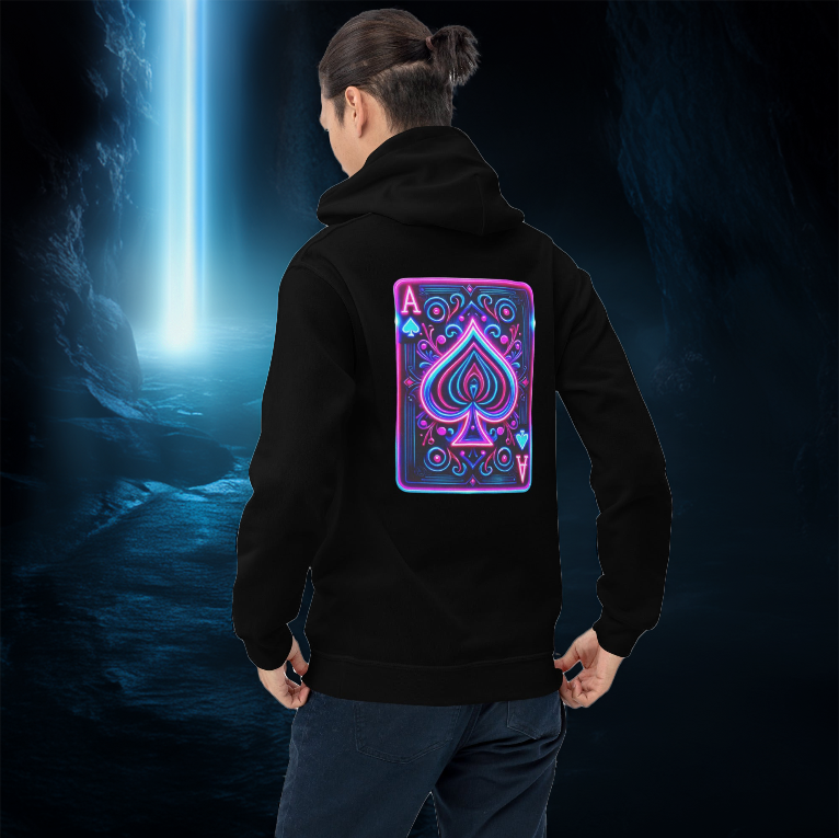 Galactic Ace Hoodie in black featuring a neon Ace of Spades playing card design. A bold, futuristic hoodie for gamers, high rollers, and risk-takers. Stand out with cosmic energy.