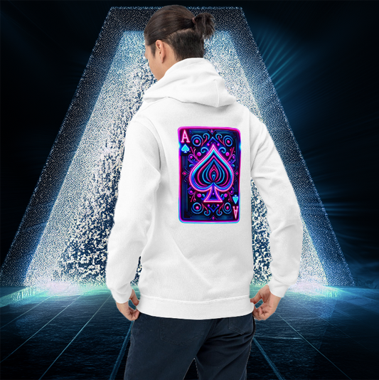 Galactic Ace Hoodie in white featuring a neon Ace of Spades playing card design. Futuristic, high-energy apparel with glowing cyber aesthetic. Perfect for gamers, risk-takers, and style innovators.