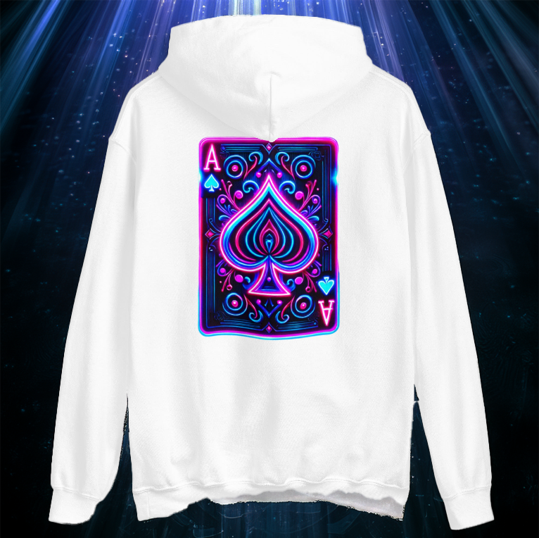 Galactic Ace Hoodie in white with a neon Ace of Spades card design. A bold, futuristic hoodie for risk-takers and trendsetters. Stand out with cosmic style.