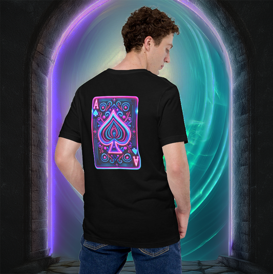 A young man stands confidently in front of a glowing cosmic portal, wearing a black T-shirt featuring a neon Ace of Spades card design on the back. The vibrant electric blue, pink, and purple hues of the spade design radiate a sense of mystery and boldness, complementing the futuristic background. Perfect for those who embrace luck, destiny, and high-stakes energy in their style.