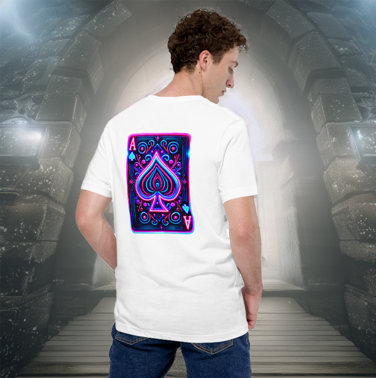 A man stands in a mysterious, foggy stone corridor, wearing a white T-shirt with a neon Ace of Spades card design on the back. The vivid blue, pink, and purple glow of the card creates a bold contrast against the crisp white fabric, embodying themes of luck, power, and high-stakes adventure. Perfect for those who enjoy taking risks and standing out in style.
