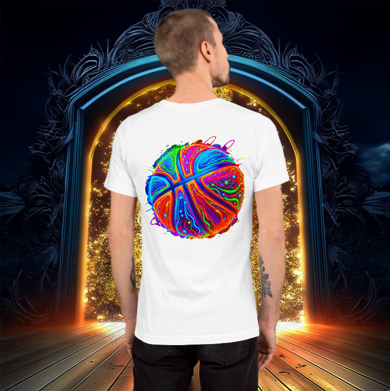 Neon Hoops Tee – White Basketball T-Shirt Featuring a Vibrant, Electric Neon Basketball Design. The perfect streetwear piece for basketball lovers and urban fashion enthusiasts.