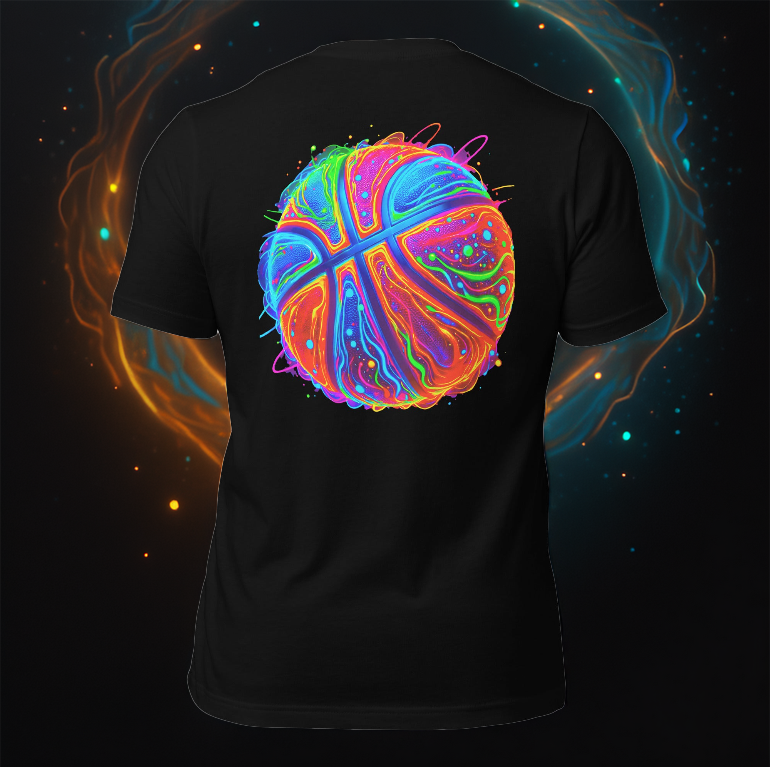 Neon Hoops Tee – Black Basketball T-Shirt with a Vibrant, Electric Neon Basketball Graphic. Bold streetwear for basketball lovers and urban fashion trendsetters.