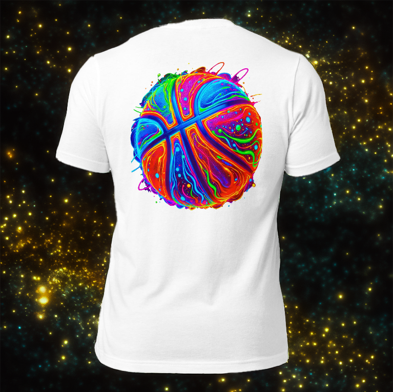 Neon Hoops Tee – White Basketball T-Shirt with a Vibrant, Electric Neon Basketball Graphic. A perfect streetwear staple for basketball fans and urban fashion lovers.