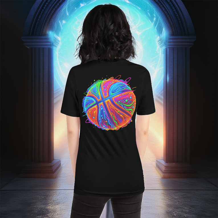 Neon Hoops Tee – Black Basketball T-Shirt Featuring a Futuristic, Electric Neon Basketball Design. A must-have for basketball lovers and streetwear fashion enthusiasts.