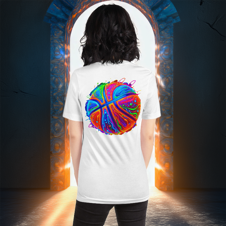 Neon Hoops Tee – White Basketball T-Shirt with Vibrant Glowing Design. A futuristic sportswear staple featuring an electrifying neon basketball graphic, ideal for hoop fans and streetwear enthusiasts.