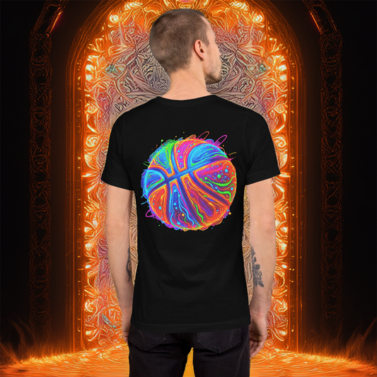 Neon Hoops Tee – Black Basketball T-Shirt with Vibrant Glowing Design. A futuristic sportswear piece featuring an electrifying neon basketball graphic, perfect for streetwear and game-day looks.