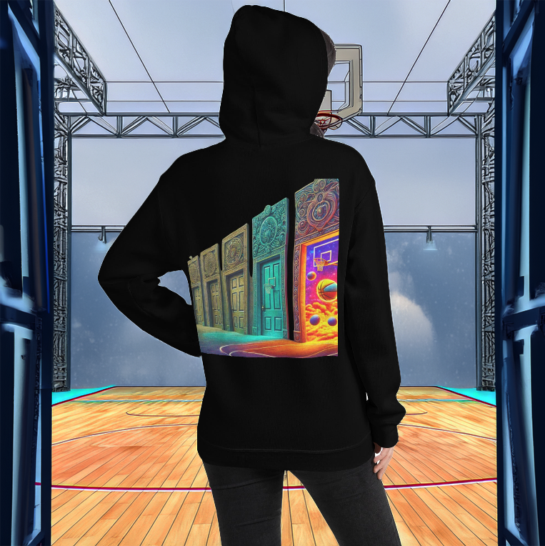 A woman wearing a black Court of Dreams Hoodie featuring a striking design of ornate doors, one revealing a surreal basketball court in a cosmic realm. She stands in front of a futuristic basketball court, blending sports and fantasy. A must-have hoodie for dreamers and basketball lovers.