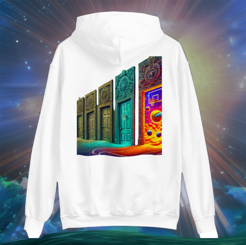 A white Court of Dreams Hoodie featuring a surreal basketball-inspired design of ornate doors, with one leading to a cosmic court. The vibrant colors and mystical setting make this hoodie a must-have for dreamers and hoopers who believe in unlocking new possibilities on and off the court.