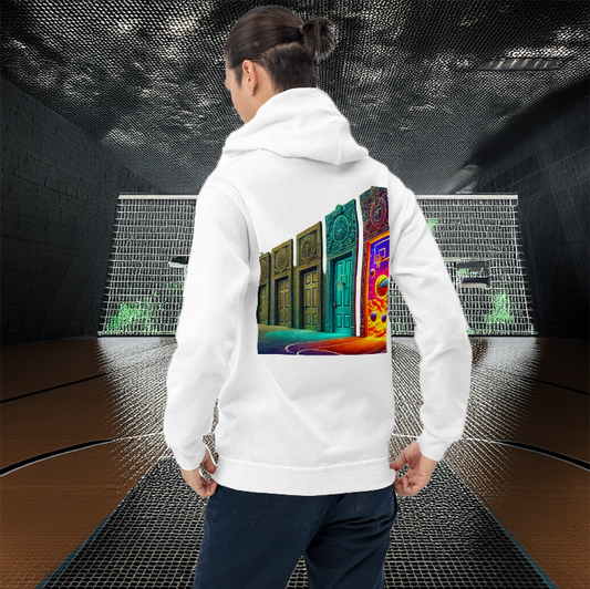 A man wearing a white Court of Dreams Hoodie, featuring a vibrant, futuristic design of multiple ornate doors leading to a cosmic basketball realm. The background showcases an otherworldly basketball court with glowing hoops, blending reality with a dream-like aesthetic. Perfect for basketball lovers who dream big.