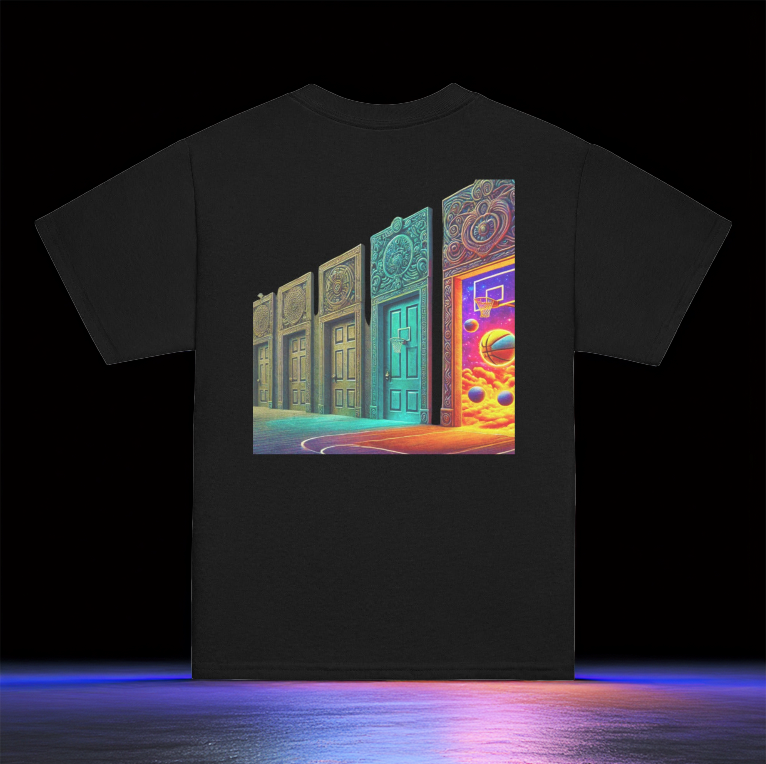 Court of Dreams Youth T-Shirt in black, showcasing a surreal basketball court beyond mystical doors. A bold statement tee for young athletes and dreamers.