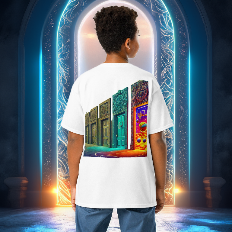 Young boy wearing the Court of Dreams Youth T-Shirt featuring a vibrant neon-lit basketball doors graphic. A futuristic and stylish tee for young hoopers.
