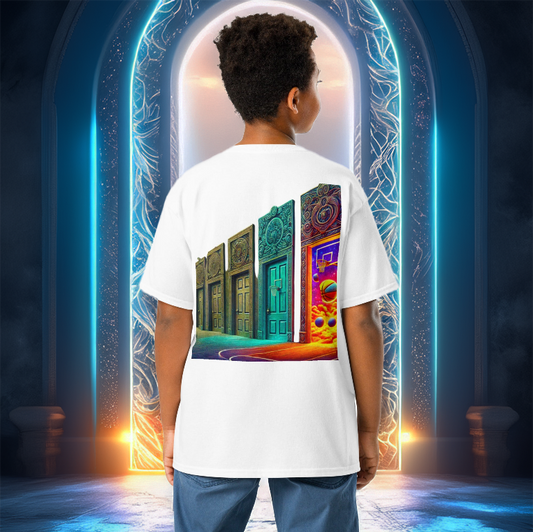 Young boy wearing the Court of Dreams Youth T-Shirt featuring a vibrant neon-lit basketball doors graphic. A futuristic and stylish tee for young hoopers.