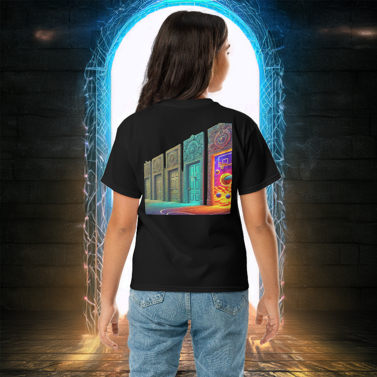 Young girl wearing the Court of Dreams Youth T-Shirt in black, featuring a neon basketball doorways design. A futuristic tee for young basketball lovers.