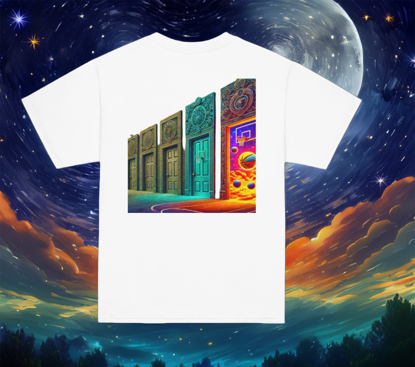 Court of Dreams Youth T-Shirt in white, featuring a neon-lit cosmic basketball court behind ornate doors. A bold and inspiring tee for young dreamers.