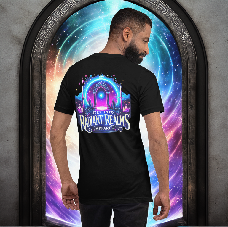 Male model wearing the Realm Official Tee in black, standing before an ornate, glowing cosmic portal. The neon gateway design with 'Step into Radiant Realms Apparel' text creates an ethereal, fantasy-inspired look.