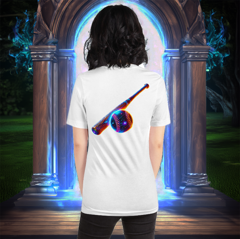 Woman wearing the Galactic Slugger Tee in white with a neon baseball and bat design, standing in front of a glowing enchanted portal.