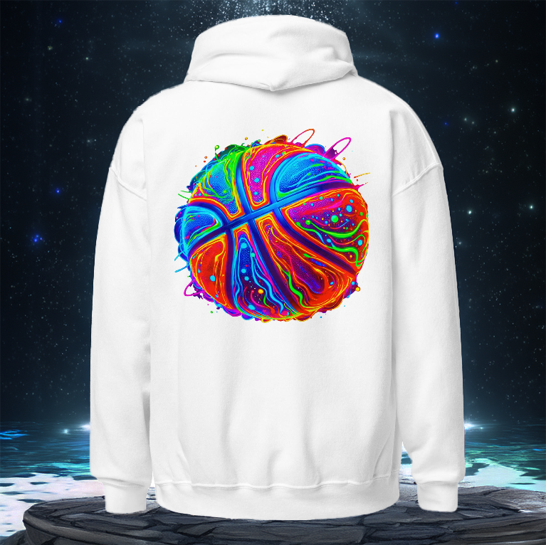 White hoodie featuring a vibrant neon basketball design with electric blue, orange, and pink hues. Perfect for basketball lovers and streetwear fashion enthusiasts.