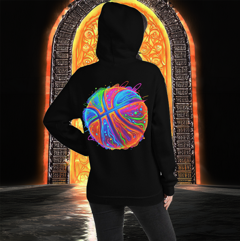 A black hoodie showcasing a neon basketball design with electrifying colors like blue, orange, and pink, set against a fiery, mystical doorway. Perfect for basketball lovers and streetwear enthusiasts.
