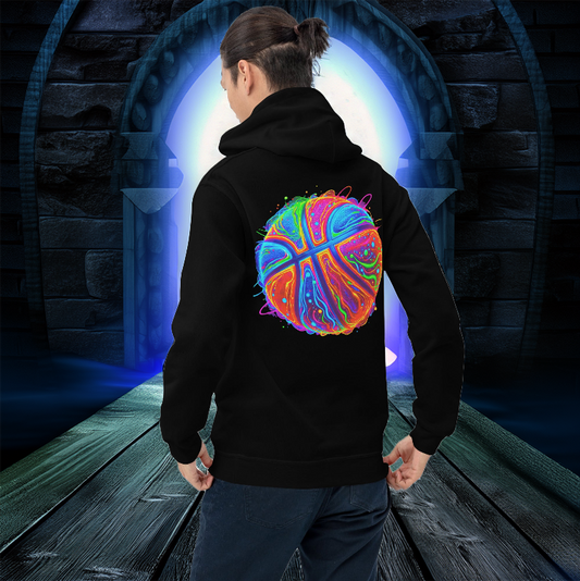 A black hoodie featuring a vibrant neon basketball design, glowing with electric blue, orange, and pink energy. Perfect for hoopers and streetball fashion lovers.