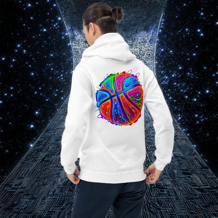 A white hoodie featuring a neon basketball design with vibrant colors, set against a futuristic cosmic background. Ideal for basketball fans and streetwear lovers.