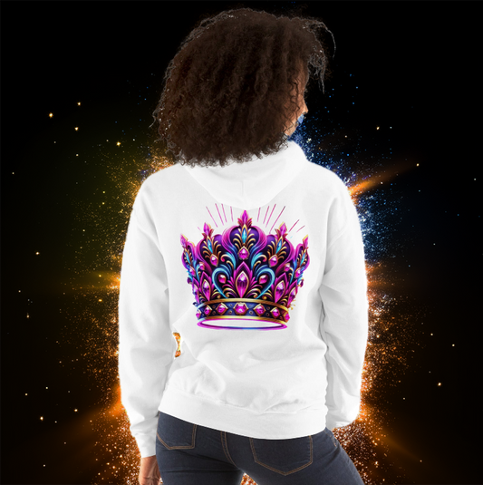 Woman wearing a white hoodie featuring a vibrant neon crown design on the back, with intricate pink, blue, and gold details. The background showcases a dynamic cosmic explosion of gold and blue energy, enhancing the regal aesthetic of the hoodie.