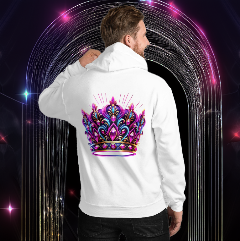 Man wearing a white hoodie with a vibrant neon pink and blue crown design on the back. The intricate royal crown glows against the bright fabric, while a futuristic arched portal with sparkling light trails creates a majestic and otherworldly background.