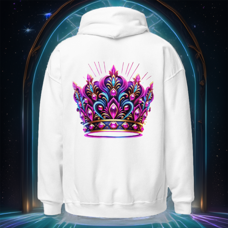 White hoodie featuring an intricate neon pink and blue crown design on the back. The glowing royal crown is set against a mystical arched portal with cosmic blue hues, creating an ethereal and regal aesthetic.