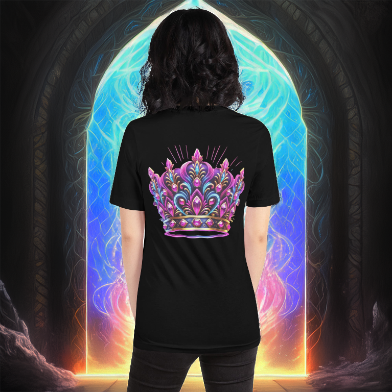 Black T-shirt featuring a vibrant neon crown design in pink, blue, and gold, worn by a female model standing before a glowing blue and gold mystical portal.