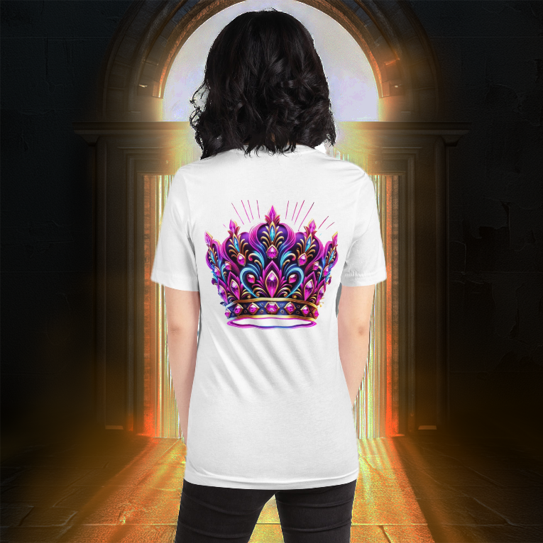 White T-shirt featuring an intricate neon crown design in pink, blue, and gold, worn by a female model standing before a glowing golden portal with a mystical ambiance.