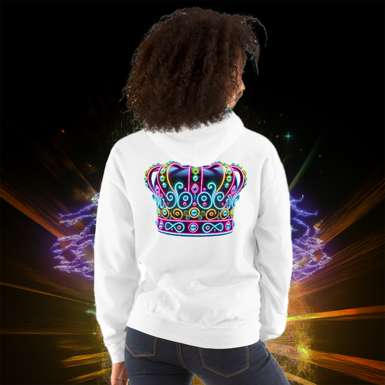 A woman wearing the Royal Lumina Hoodie in white, featuring a radiant neon crown design on the back. She stands before a dazzling cosmic backdrop, exuding regal elegance and futuristic energy.
