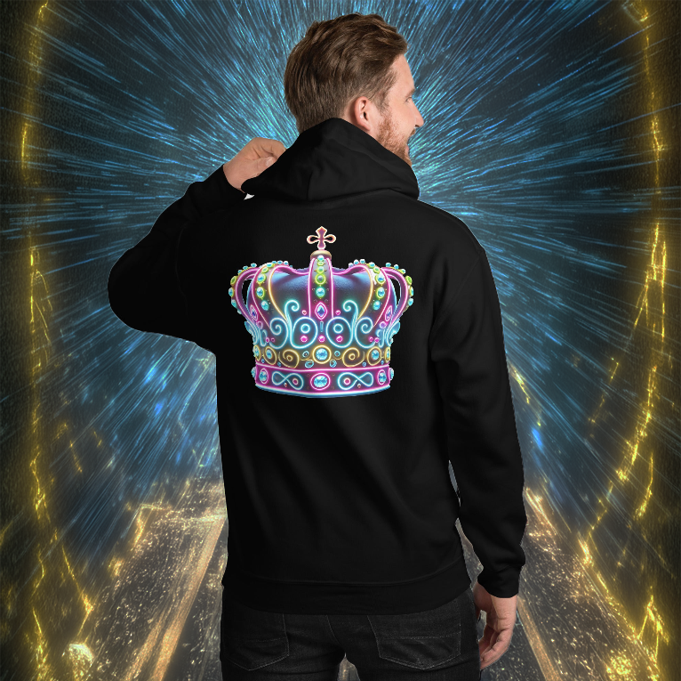 A man wearing the Royal Lumina Hoodie in black, featuring a vibrant neon crown design on the back. He stands before a cosmic energy tunnel, radiating regal power and futuristic style.