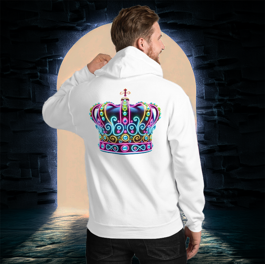 A man wearing the Royal Lumina Hoodie in white, featuring a radiant neon-inspired crown design on the back. He poses confidently in front of an illuminated arched doorway, symbolizing regal energy and style.