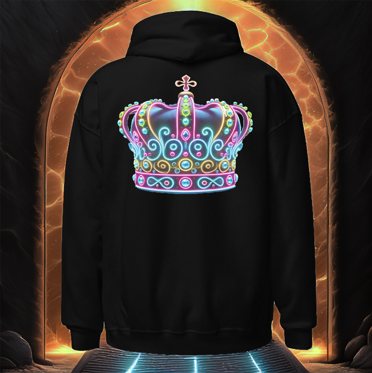 A black Royal Lumina Hoodie showcasing a glowing neon crown design on the back. Set against a fiery golden portal, this hoodie radiates regal energy and bold futuristic style.