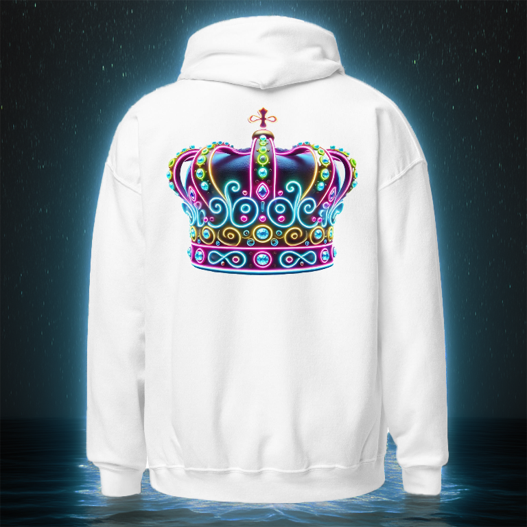 A white Royal Lumina Hoodie featuring a radiant neon crown design on the back. The hoodie is displayed against a cosmic water-lit backdrop, exuding regal and futuristic energy.