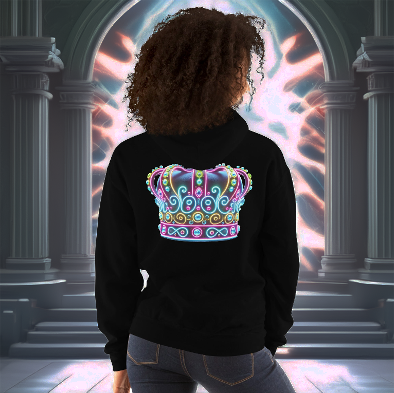 A woman wearing the Royal Lumina Hoodie in black, showcasing a glowing neon crown design on the back. She stands before an ethereal, illuminated temple-like gateway, exuding confidence and regal energy.