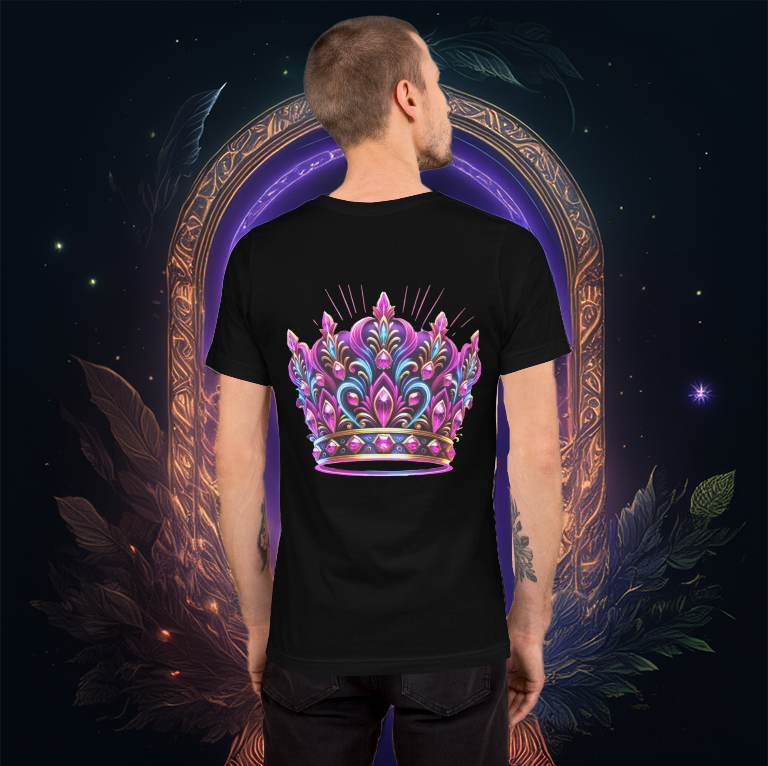Black T-shirt featuring an ornate neon crown design in pink, blue, and gold, worn by a male model standing before an enchanted glowing portal with mystical elements.