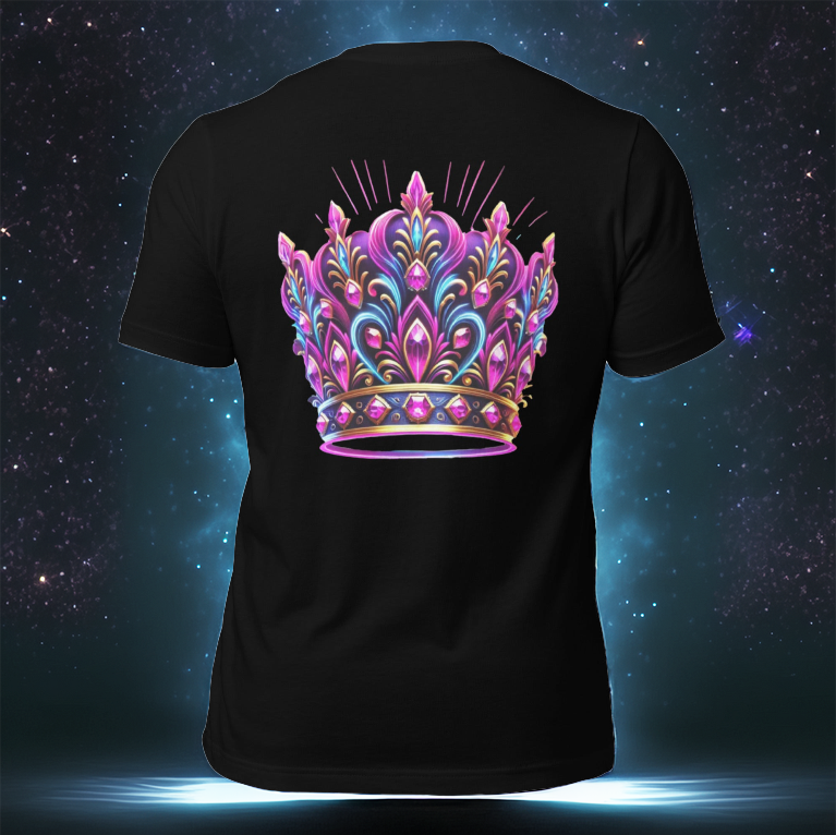 Black T-shirt featuring an intricate neon crown design in radiant pink, blue, and gold hues, glowing against a cosmic background with a deep space aesthetic.