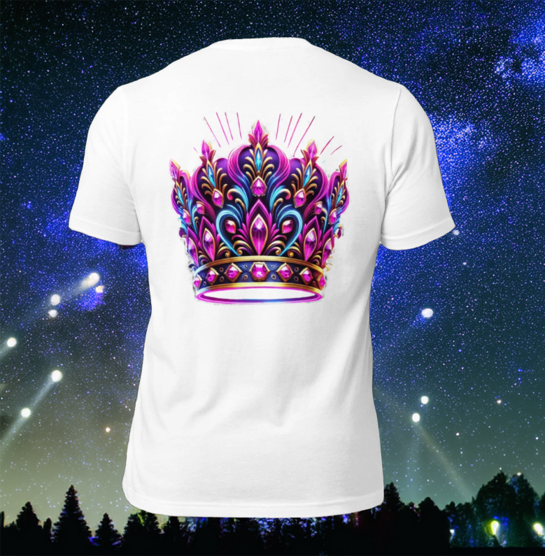 White T-shirt featuring a vibrant, ornate neon crown design in shades of pink, blue, and gold, glowing against a cosmic night sky with shooting stars.