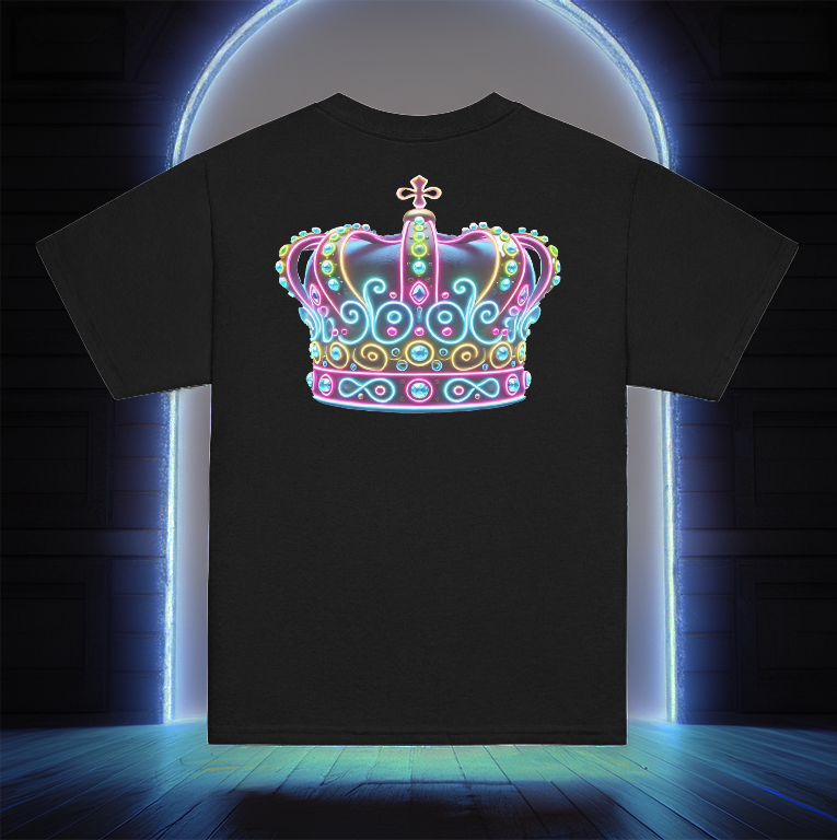 The Royal Lumina Youth Tee in black, featuring a glowing neon crown design that radiates regal elegance and futuristic energy, set against a mystical illuminated doorway.