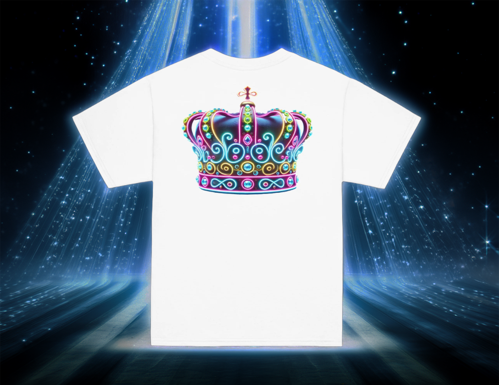 The Royal Lumina Youth Tee in white, displayed against a radiant cosmic backdrop, featuring a glowing neon crown design that symbolizes regal energy and celestial brilliance.