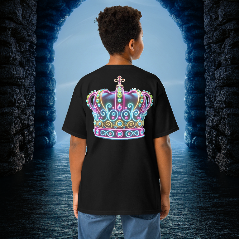 A young boy wearing the Royal Lumina Youth Tee in black, featuring a vibrant neon crown design on the back, standing in a mystical stone archway leading to a glowing blue-lit realm.