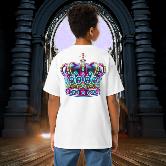 A young boy stands confidently in front of an ornate mystical doorway, wearing the Royal Lumina Youth Tee in white. The back of the shirt features a vibrant neon crown design, glowing with brilliant blue, pink, and gold details, symbolizing royalty and boldness. The scene is set in an enchanting realm, enhancing the regal and fantasy-inspired aesthetic of the tee.