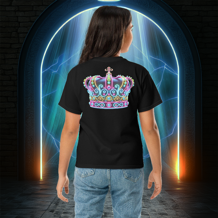 A young girl wearing the Royal Lumina Youth Tee in black, featuring a vibrant neon crown design on the back, standing before a glowing portal in a mystical setting.